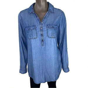 SO Women's 100% Lyocell Chambray Half Button Down Long Sleeve Top Shirt Size M
